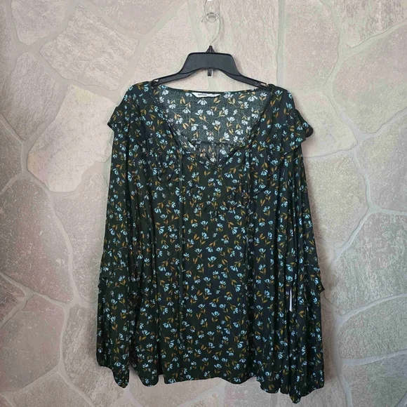 Floral Blouse Womens 4X Green Ruffle Long Sleeve Tie Neck NWT Plus - Picture 4 of 10